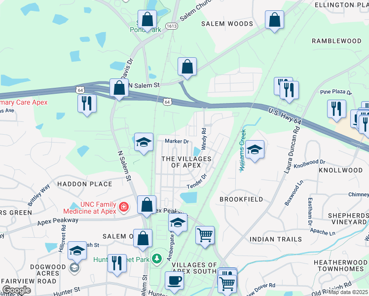 map of restaurants, bars, coffee shops, grocery stores, and more near 912 Shoofly Path in Apex