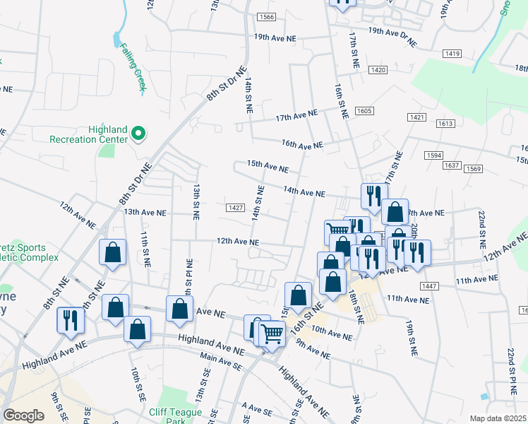 map of restaurants, bars, coffee shops, grocery stores, and more near 1306 14th Street Northeast in Hickory