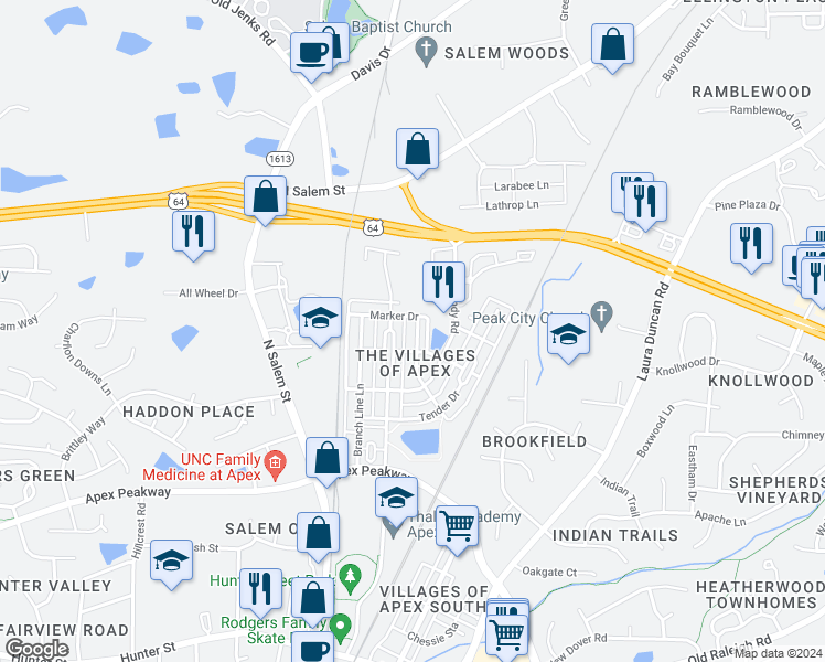 map of restaurants, bars, coffee shops, grocery stores, and more near 912 Shoofly Path in Apex
