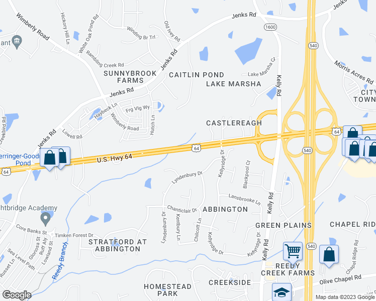 map of restaurants, bars, coffee shops, grocery stores, and more near 2717 U.S. 64 in Apex