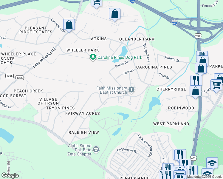 map of restaurants, bars, coffee shops, grocery stores, and more near 1101 Suffolk Boulevard in Raleigh