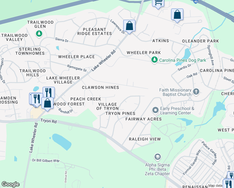 map of restaurants, bars, coffee shops, grocery stores, and more near 1803 Evergreen Avenue in Raleigh