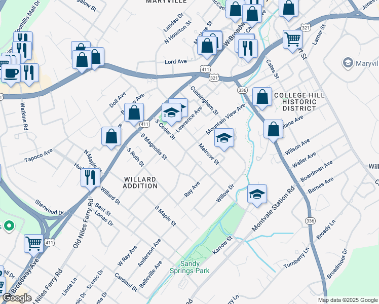 map of restaurants, bars, coffee shops, grocery stores, and more near 224 South Cedar Street in Maryville