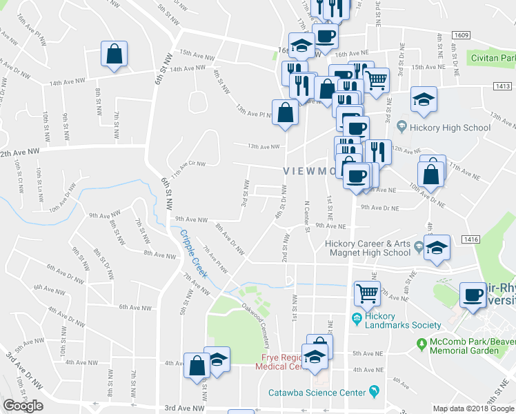 map of restaurants, bars, coffee shops, grocery stores, and more near 915 2nd Street Northwest in Hickory