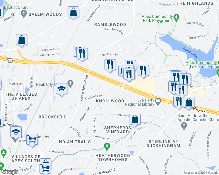 map of restaurants, bars, coffee shops, grocery stores, and more near 1007 Maple Avenue in Apex