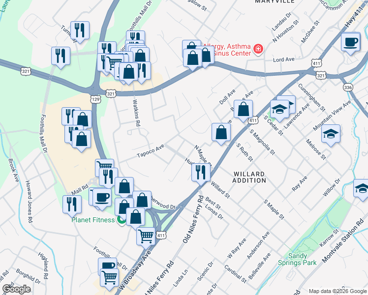 map of restaurants, bars, coffee shops, grocery stores, and more near 314 North Maple Street in Maryville