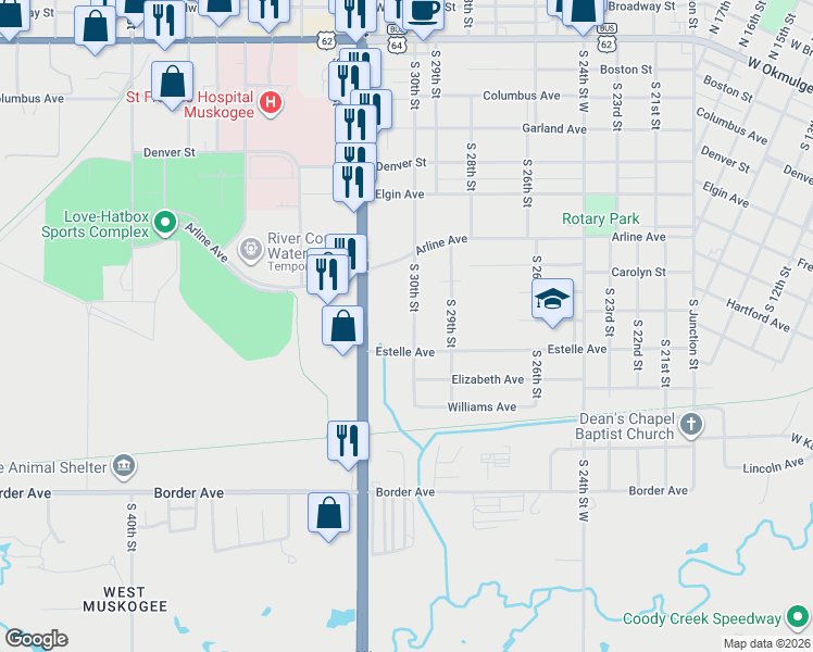map of restaurants, bars, coffee shops, grocery stores, and more near 744 U.S. 69 in Muskogee