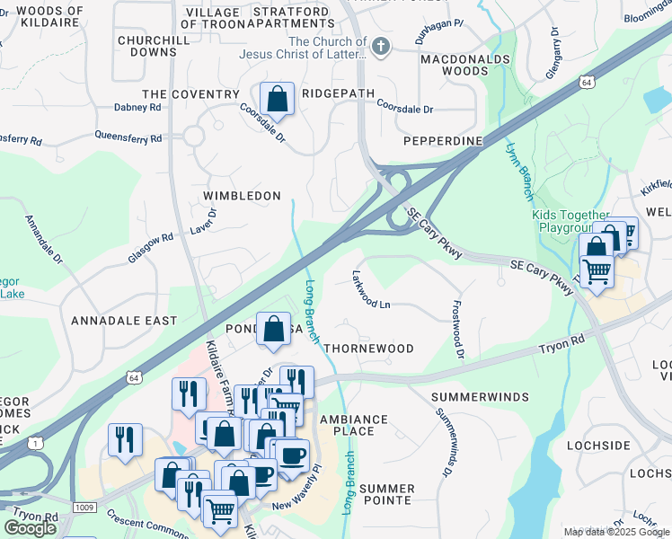 map of restaurants, bars, coffee shops, grocery stores, and more near 104 Dewberry Court in Cary
