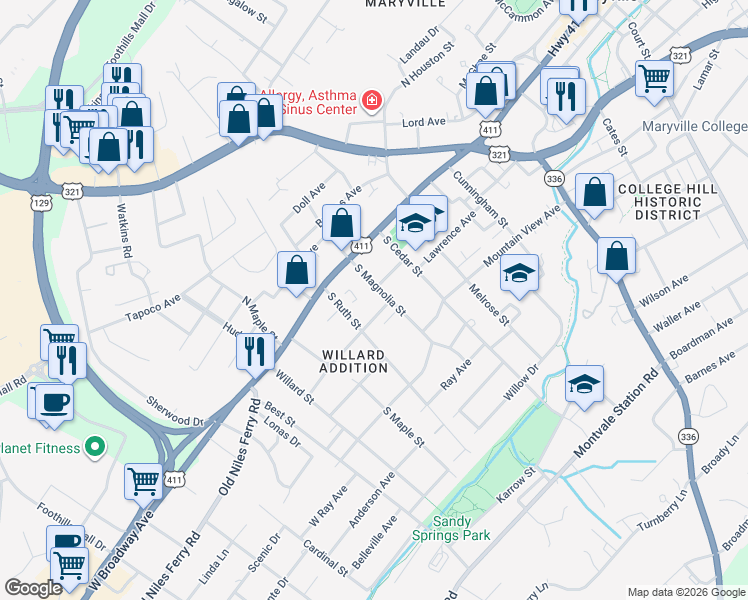 map of restaurants, bars, coffee shops, grocery stores, and more near 114 South Magnolia Street in Maryville