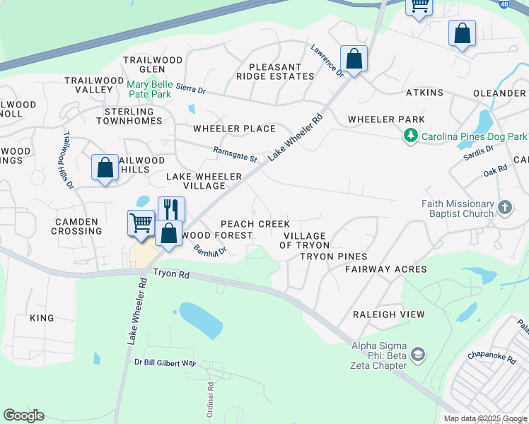map of restaurants, bars, coffee shops, grocery stores, and more near 1917 Peach Creek Court in Raleigh