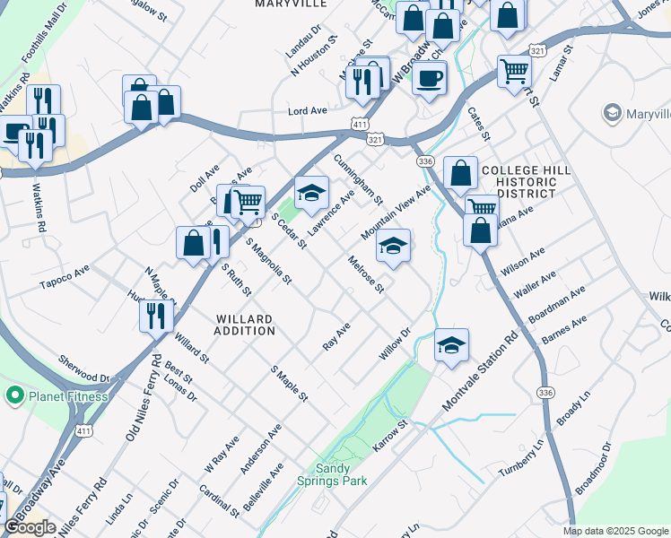 map of restaurants, bars, coffee shops, grocery stores, and more near 808 Mountain View Avenue in Maryville