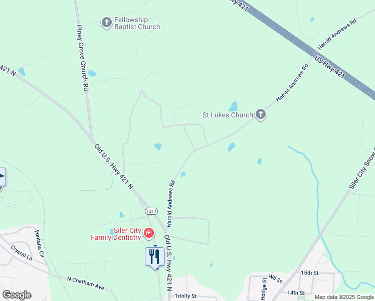 map of restaurants, bars, coffee shops, grocery stores, and more near 401 Harold Andrews Road in Siler City
