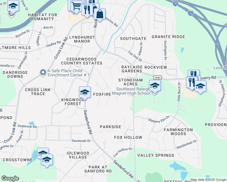 map of restaurants, bars, coffee shops, grocery stores, and more near 2401 Foxtrot Road in Raleigh