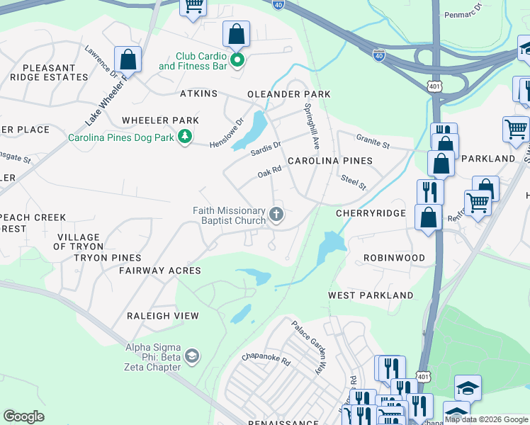 map of restaurants, bars, coffee shops, grocery stores, and more near 1024 Suffolk Boulevard in Raleigh