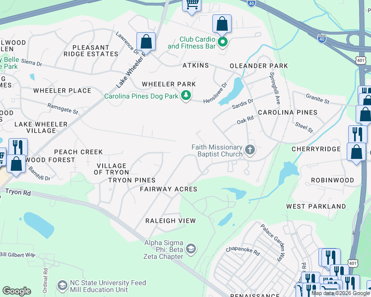 map of restaurants, bars, coffee shops, grocery stores, and more near 1121 Harper Road in Raleigh