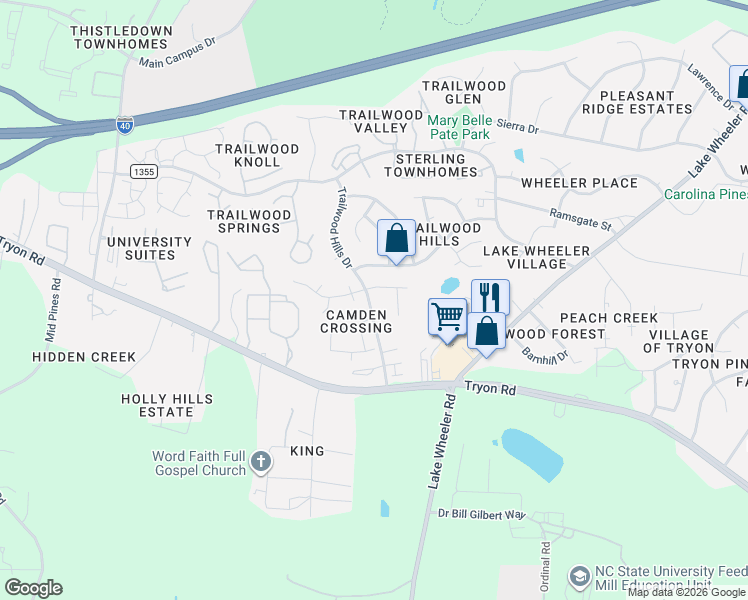 map of restaurants, bars, coffee shops, grocery stores, and more near 2509 Trailwood Hills Drive in Raleigh