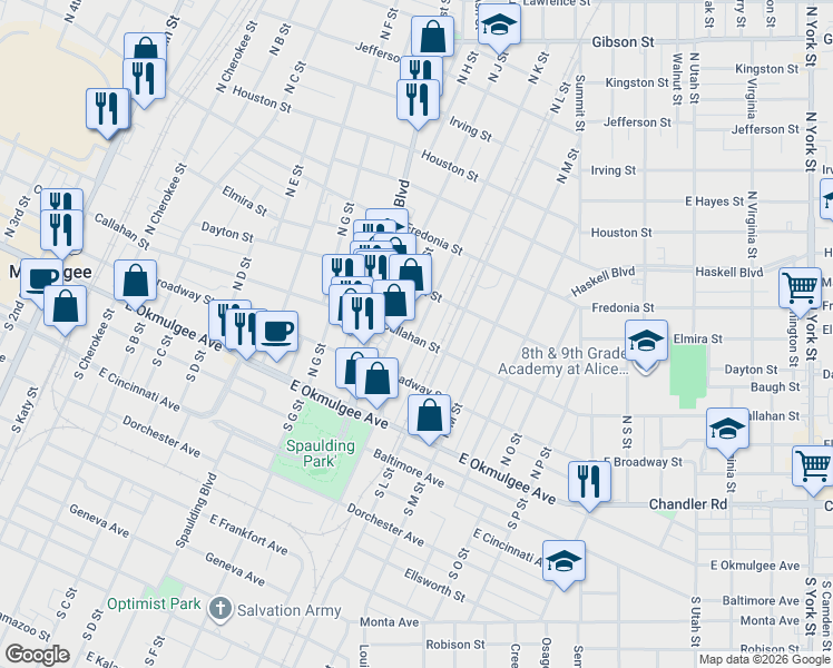 map of restaurants, bars, coffee shops, grocery stores, and more near 324 North K Street in Muskogee