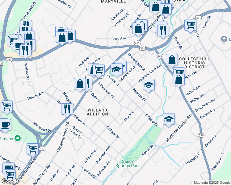 map of restaurants, bars, coffee shops, grocery stores, and more near 224 South Magnolia Street in Maryville