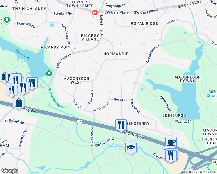 map of restaurants, bars, coffee shops, grocery stores, and more near 211 Bordeaux Lane in Cary