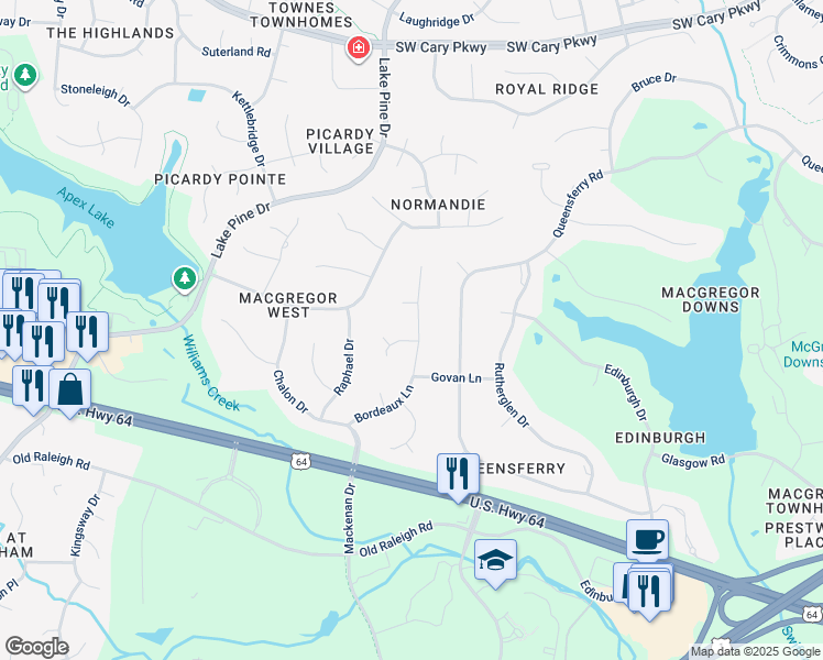 map of restaurants, bars, coffee shops, grocery stores, and more near 211 Bordeaux Lane in Cary