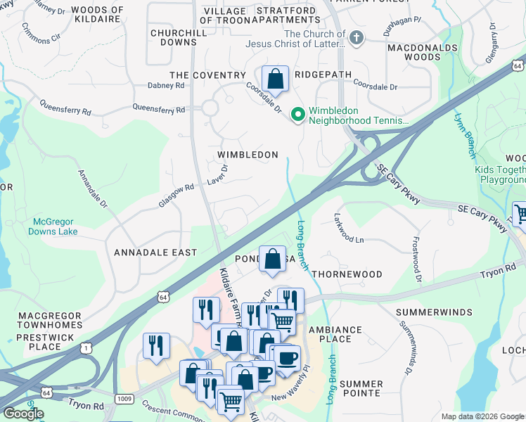 map of restaurants, bars, coffee shops, grocery stores, and more near 525 Spring Flower Court in Cary