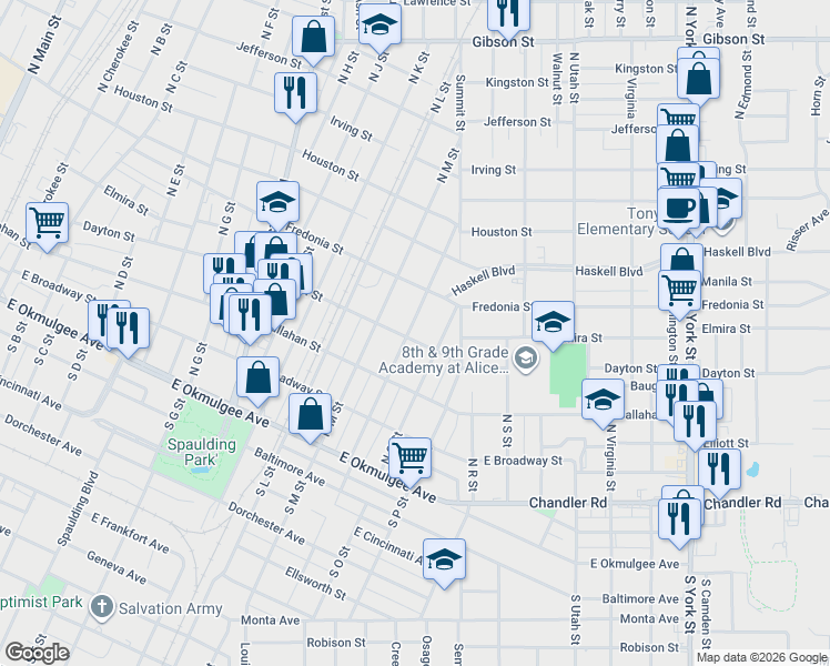 map of restaurants, bars, coffee shops, grocery stores, and more near 416 North N Street in Muskogee