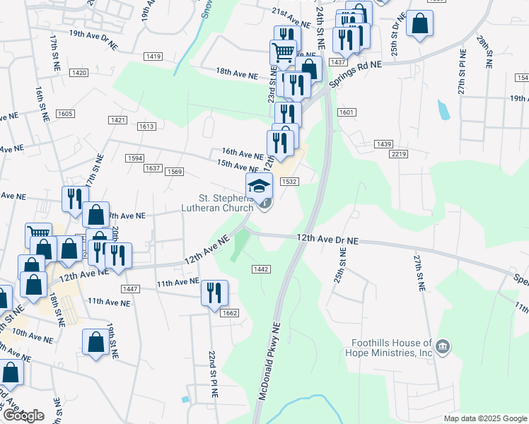map of restaurants, bars, coffee shops, grocery stores, and more near 2304 Springs Road Northeast in Hickory
