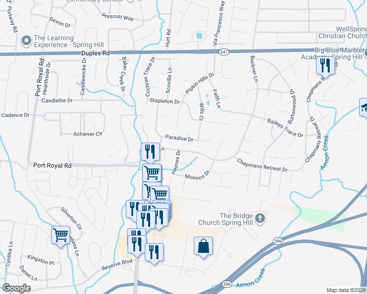 map of restaurants, bars, coffee shops, grocery stores, and more near 2689 Paradise Drive in Spring Hill