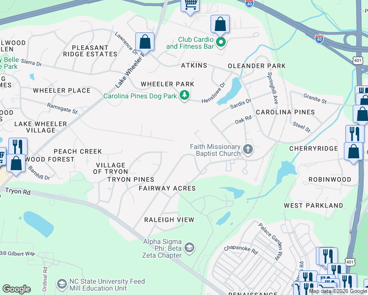 map of restaurants, bars, coffee shops, grocery stores, and more near 1121 Harper Road in Raleigh