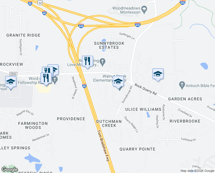 map of restaurants, bars, coffee shops, grocery stores, and more near 2611 Dutch Grove Circle in Raleigh