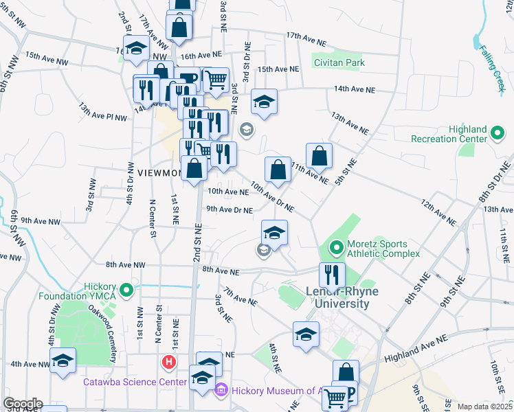 map of restaurants, bars, coffee shops, grocery stores, and more near 349 9th Avenue Drive Northeast in Hickory