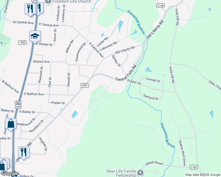 map of restaurants, bars, coffee shops, grocery stores, and more near 783 Oak Bend Drive in Asheboro