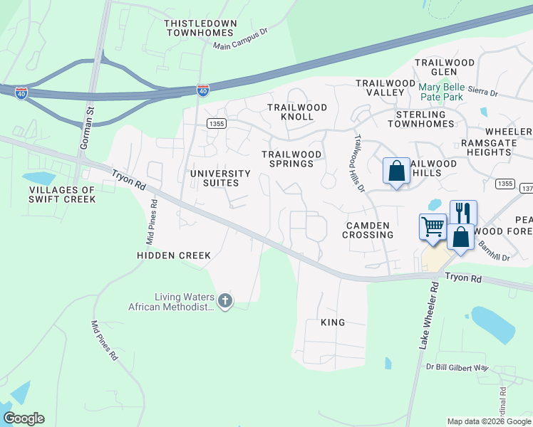 map of restaurants, bars, coffee shops, grocery stores, and more near 2500 Tryon Grove Drive in Raleigh