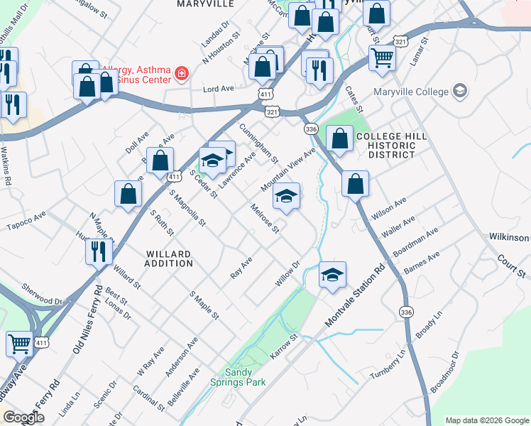 map of restaurants, bars, coffee shops, grocery stores, and more near 316 Melrose Street in Maryville