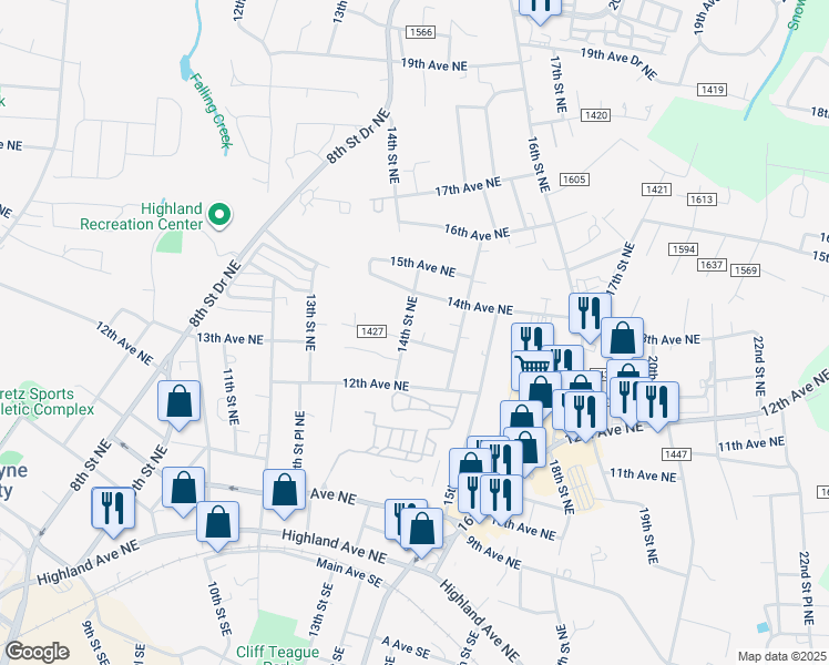 map of restaurants, bars, coffee shops, grocery stores, and more near 1306 14th Street Northeast in Hickory
