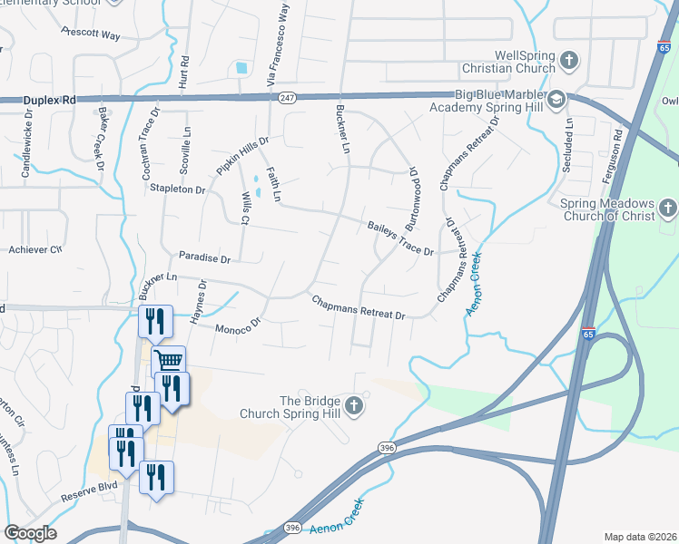 map of restaurants, bars, coffee shops, grocery stores, and more near 2948 Lona Court in Spring Hill