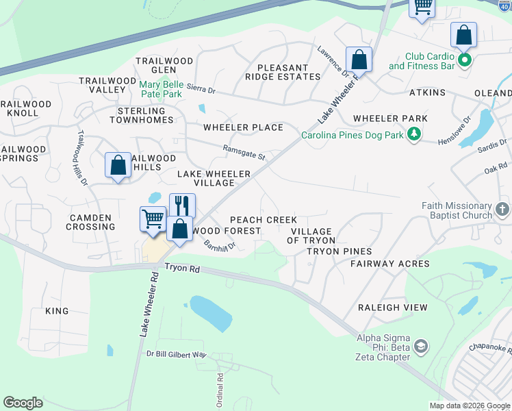 map of restaurants, bars, coffee shops, grocery stores, and more near 1926 Tischer Road in Raleigh