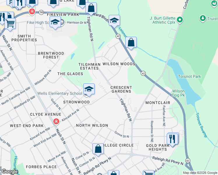 map of restaurants, bars, coffee shops, grocery stores, and more near 1600 Dartmore Drive North in Wilson