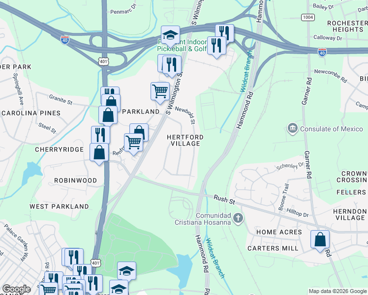 map of restaurants, bars, coffee shops, grocery stores, and more near 2707 Layden Street in Raleigh