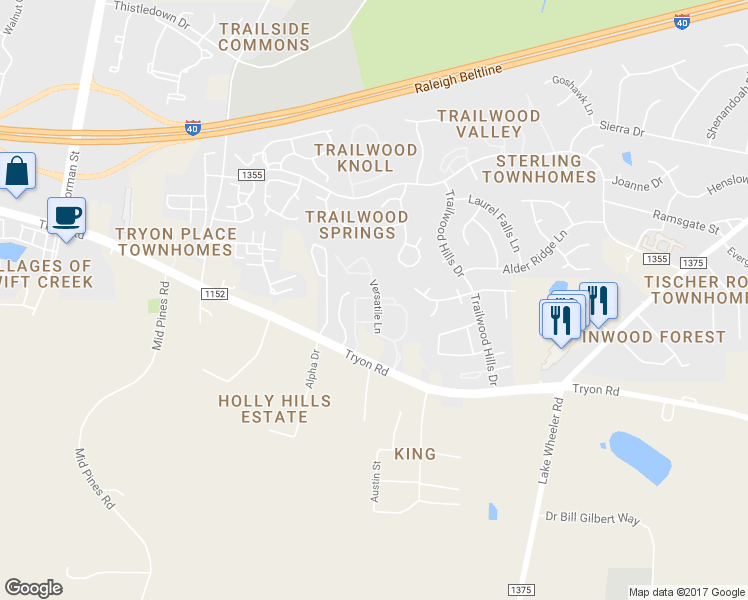 map of restaurants, bars, coffee shops, grocery stores, and more near 3200 Compatible Way in Raleigh