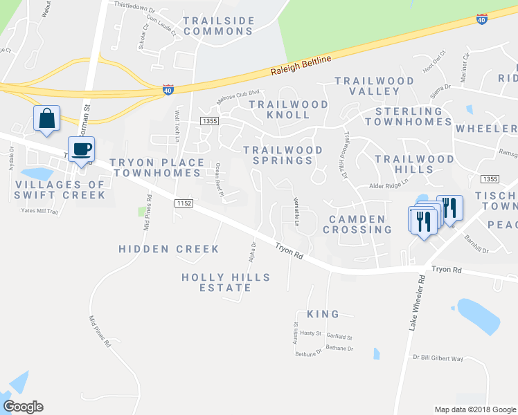map of restaurants, bars, coffee shops, grocery stores, and more near 2500 Tryon Grove Drive in Raleigh