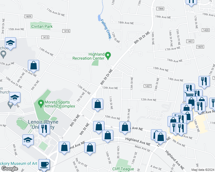 map of restaurants, bars, coffee shops, grocery stores, and more near 1102 13th Avenue Northeast in Hickory