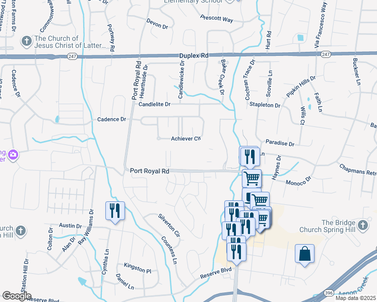 map of restaurants, bars, coffee shops, grocery stores, and more near 1077 Achiever Circle in Spring Hill
