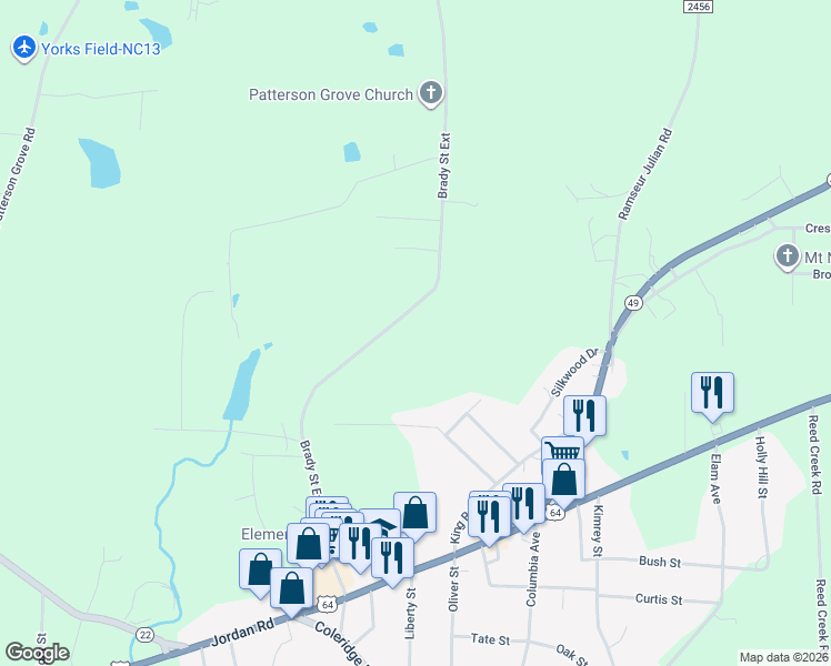 map of restaurants, bars, coffee shops, grocery stores, and more near 1 Brady Street Extension in Ramseur