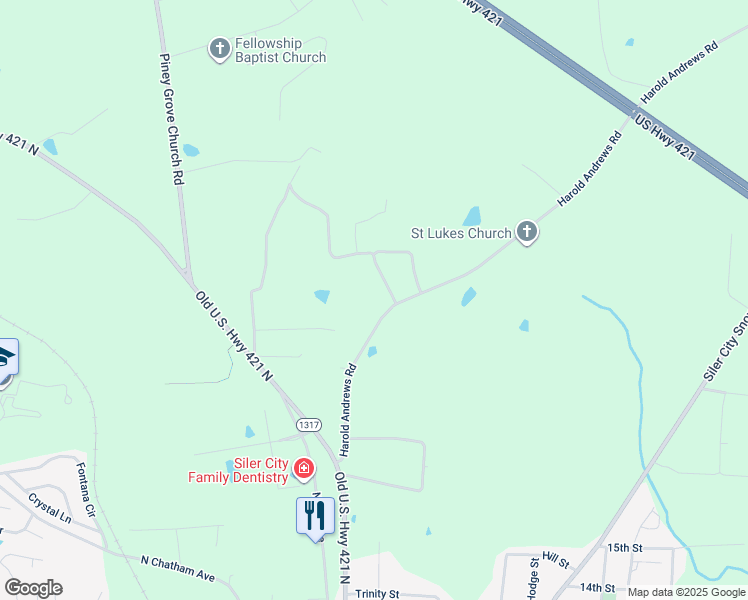 map of restaurants, bars, coffee shops, grocery stores, and more near 401 Harold Andrews Road in Siler City
