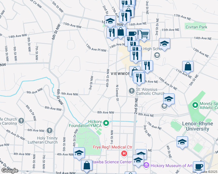 map of restaurants, bars, coffee shops, grocery stores, and more near 948 4th Street Drive Northwest in Hickory