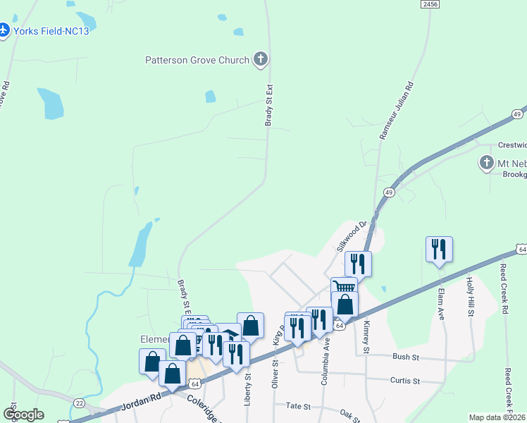 map of restaurants, bars, coffee shops, grocery stores, and more near 1 Brady Saint Exd in Ramseur