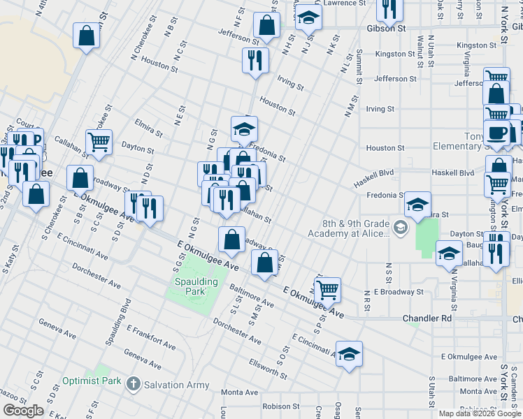 map of restaurants, bars, coffee shops, grocery stores, and more near 324 North K Street in Muskogee