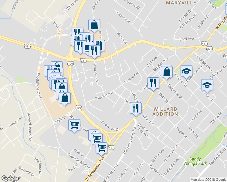 map of restaurants, bars, coffee shops, grocery stores, and more near 1212 Tapoco Avenue in Maryville