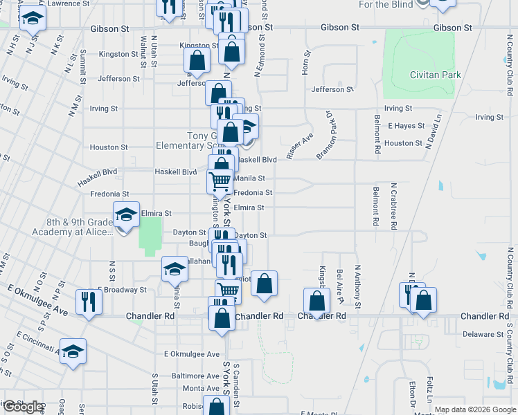 map of restaurants, bars, coffee shops, grocery stores, and more near 2334 Elmira Street in Muskogee